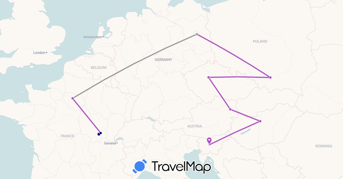 TravelMap itinerary: driving, plane, train in Austria, Czech Republic, Germany, France, Hungary, Poland, Slovenia (Europe)